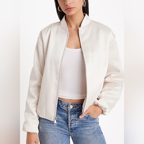 Express Jackets & Blazers - NWT Express Women's Off-White Satin Bomber Jacket Size Large